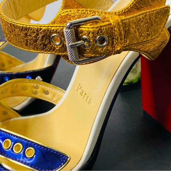 Metallic Gold & Blue Studded Women’s High Heel Sandals - Picture 10 of 16